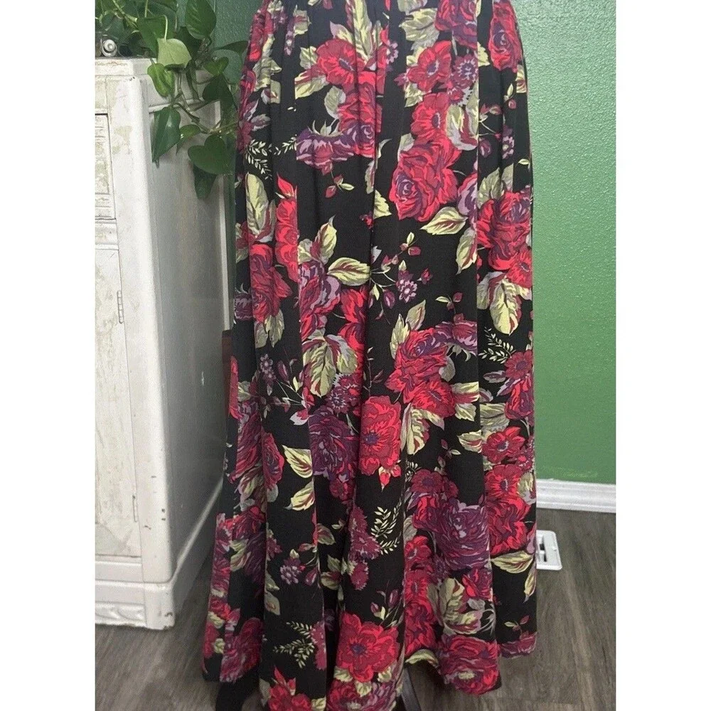 Vtg 90s Black Maxi Skirt W Red Roses Grunge Whimsy 90s Goth Size 1X